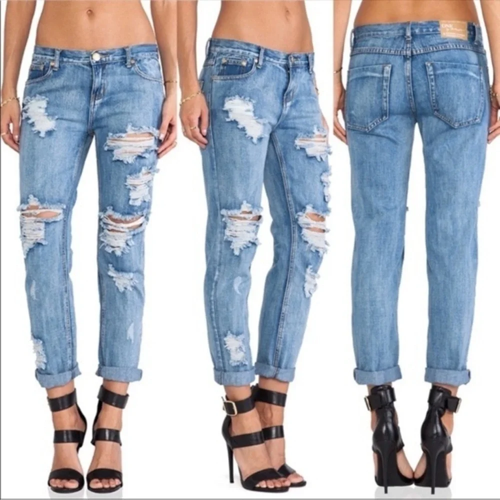 ONE TEASPOON Awesome Baggies Distressed Ripped Tapered Leg Denim Jeans Size 24